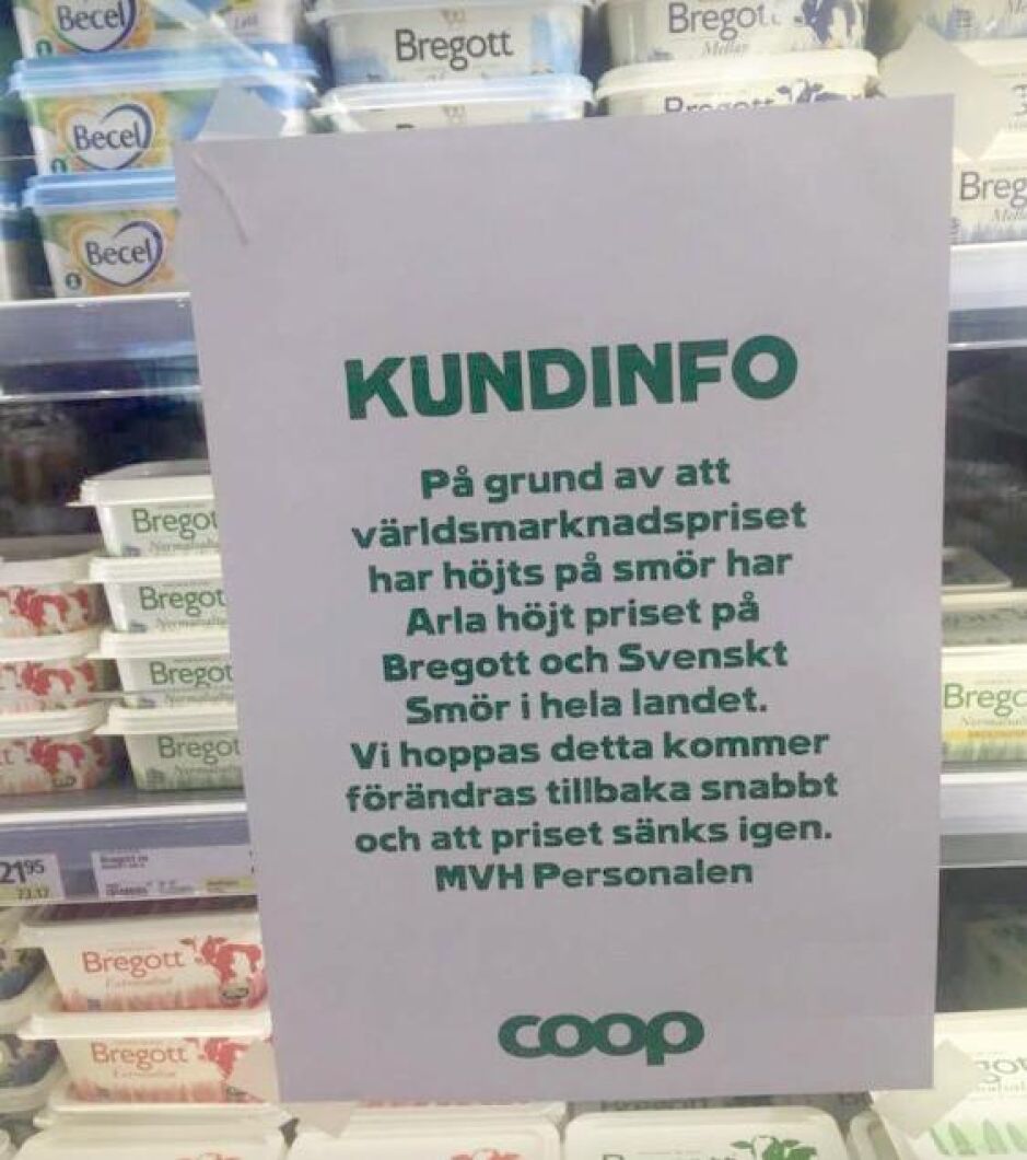 Arla har höjt priserna på Bregott och Svenskt Smör, en höjning som även påverkar konsumentpriset på dessa varor hos Coop.
