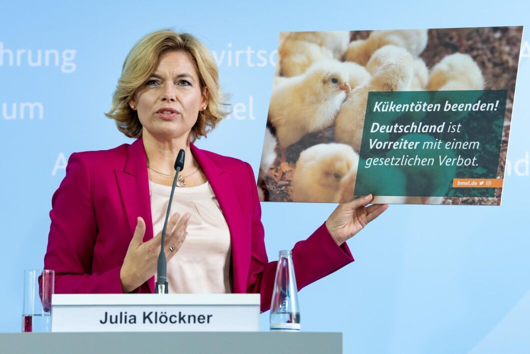 Tysklands jordbruksminister Julia Klöckner (CDU), på en presskonferens där förslaget presenterades. På skylten står det ”Sätt stopp för tuppkycklingsdödande! Tyskland är föregångsland med ett förbud i lagen”.