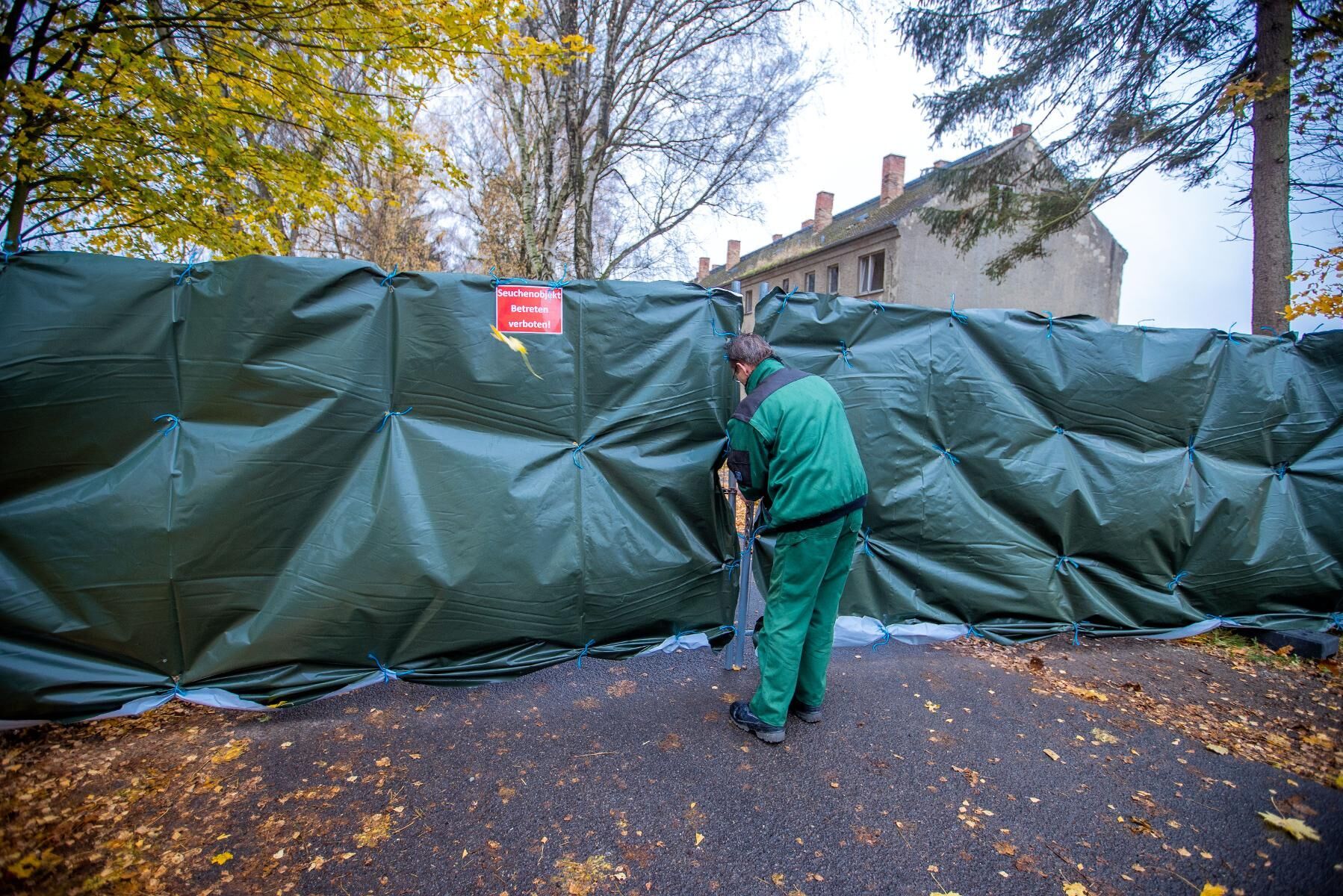 Stängslet runt en hönsuppfödning utanför Rostock i nordöstra Tyskland förstärks med en presenning efter ett utbrott av fågelinfluensa i mitten på november.