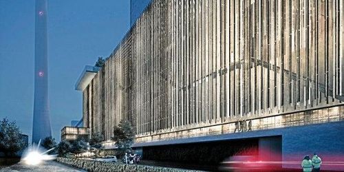 48 kilometer trädstammar i fasaden