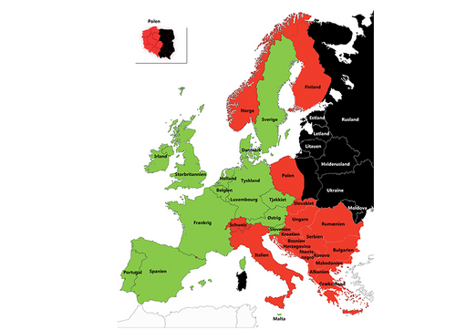 Grönt visar lågriskländer, de rödmarkerade är högriskländer och de svartmarkerade handlar om länder med förhöjd beredskap.